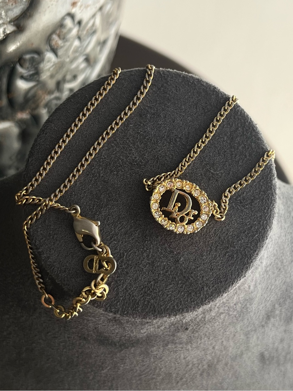SOLD Auth Vintage Dior Classic Logo Monogram Rhinestone Oval Gold Chain Necklace - Picture 2 of 4
